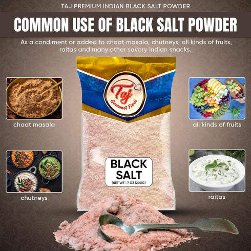 TAJ Gourmet Foods 7-Ounce (200g) TAJ Black Salt Powder | Kala Namak | Vegan & Gluten Friendly, GMO Free