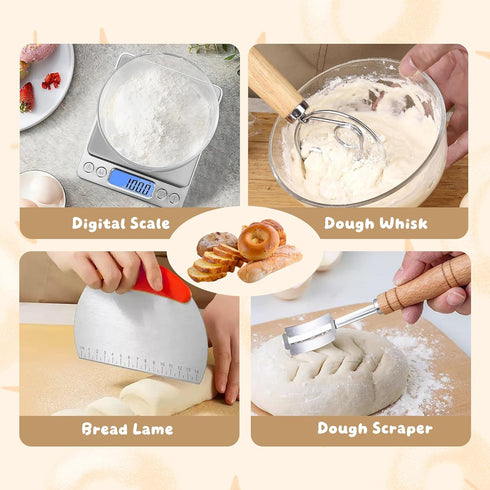 Kit10 11In Sourdough Starter In and silicone Banneton with Cloth Cover,Glass Sourdough Starter Jar,Dough Whisk, Bread