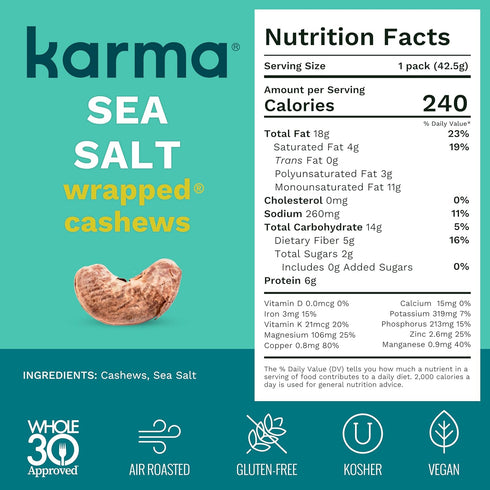 1.5 (12 Packs) Sea Salt Cashews with Skin by Karma Nuts, Whole, Roasted, Vegan, Gluten Free, Low Net Carb, Natural