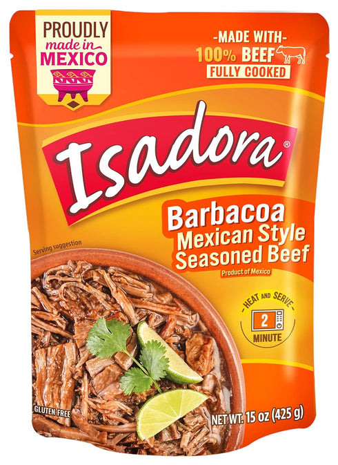 Isadora Fully Cooked Barbacoa Mexican Style Meat 15 oz, Ready-to-Eat Meal, Seasoned