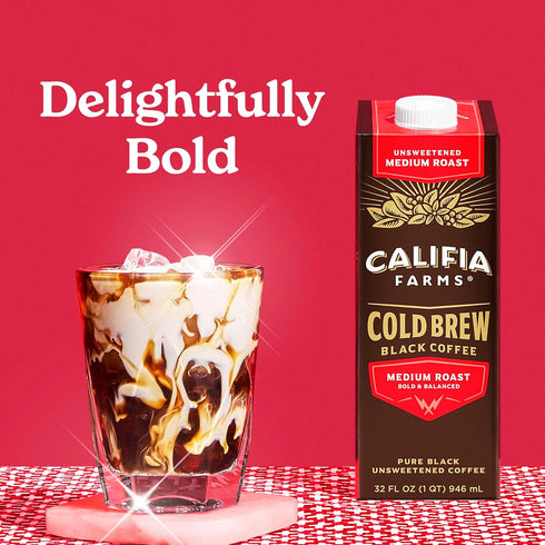32 Oz (Pack 6), 100% Califia Farms - Pure Black Medium Roast Cold Brew Coffee, of Arabica, Shelf Stable, Plant Based
