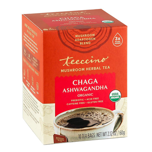 Teeccino Chaga Ashwagandha Tea - Butterscotch Cream - Organic Herbal Tea, 10 Tea Bags, Caffeine Free, Gluten Free,