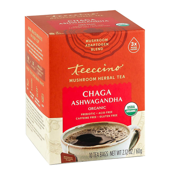 Teeccino Chaga Ashwagandha Tea - Butterscotch Cream - Organic Herbal Tea, 10 Tea Bags, Caffeine Free, Gluten Free,