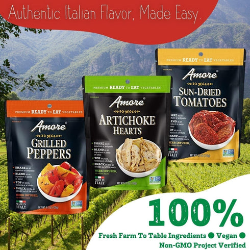 Amore (4.4oz) 2 Pack Vegan Ready to Eat, Non GMO Verified, Premium Herb Infused Sun-Dried Tomatoes