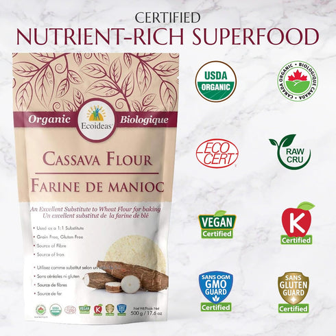 500g Ecoideas Organic Cassava Flour Gluten-Free, Grain-Free, Non-GMO Ideal for Baking and Cooking High Fiber