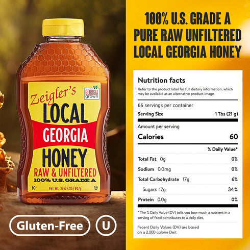32 oz Zeigler's Local Georgia Award Winning Honey All Natural, Pure, Raw, & Unfiltered Georgia Honey, Squeeze Bottle
