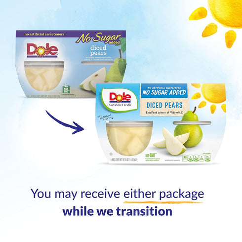 4oz 24 (Pack 2) Dole Fruit Bowls No Sugar Added Snacks, Diced Pears Cups, Gluten & Dairy Free, Bulk Lunch Snacks