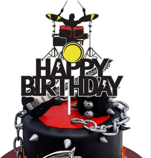 LINGBOOM Drum kit Happy Birthday Cake Topper Black Glitter Musical Music Notes Cake