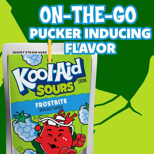10 6 oz Kool-Aid Sours Artificially Flavored Drink, Pouches, for On-the-Go Hydration, Frostbite, Sour Candy Flavor, No