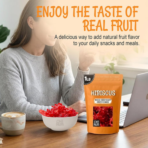 1 lb Packed Oh! Nuts Dried Hibiscus Flowers - - Dried Fruit - Whole Sweetened Dried Flowers - Dehydrated Fruit Bites