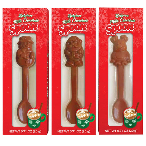 Albert's Pack 3 Belgian Milk Chocolate Hot Cocoa Stirring Spoons Assorted Holiday Characters, Christmas Stocking
