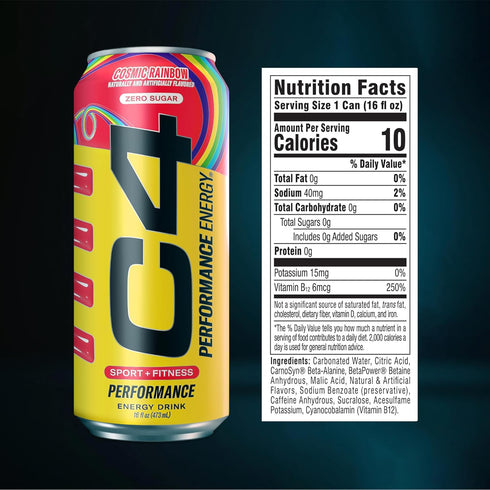 C4 200mg 16 Oz (12 Pack), Packaging Performance Energy Drink Cosmic Rainbow, Zero Sugar Carbonated Preworkout Energy