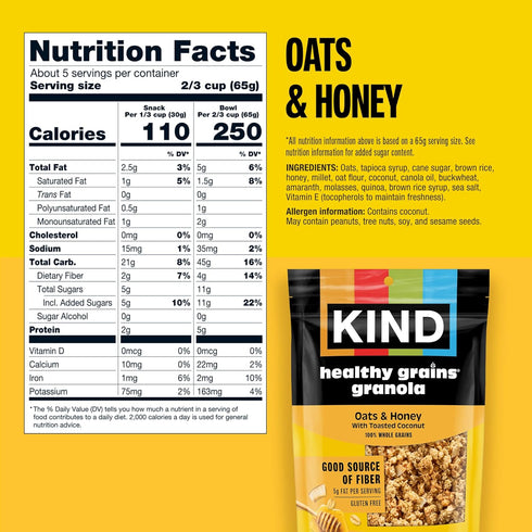 5g 11oz, 3 Count Kind Healthy Grains Granola, Oats & Honey Clusters with Toasted Coconut, Gluten Free, Healthy Snack