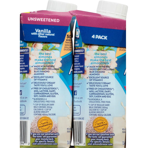 8 Pack 4 Almond Breeze, Dairy Free Almondmilk, Unsweetened Vanilla, Ounce