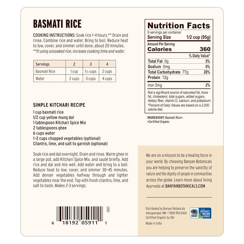 2 lbs Banyan Botanicals White Basmati Rice Organic & Pure Basmati Rice for Cooking Healthy Meals and Making Kitchari