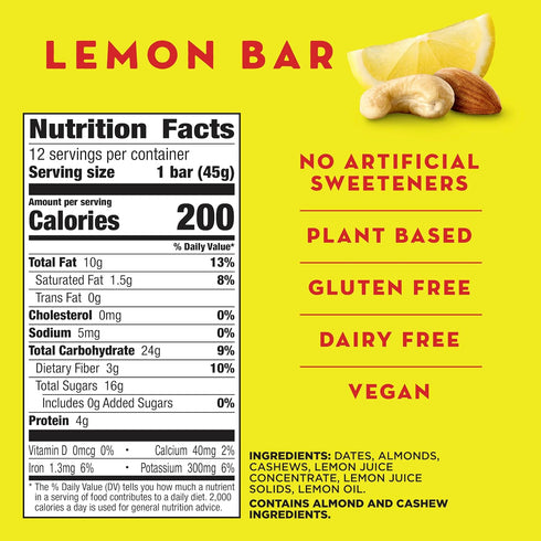 19.2 oz, 12 Larabar Lemon Bar Fruit and Nut Bars, Gluten Free and Vegan, Ct