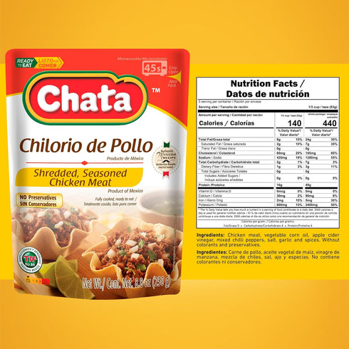 Pack, 8.8 oz (Pack 6) Chata Variety Mexican Shredded Meats with Pork, Chicken, Turkey and Pork Crackling