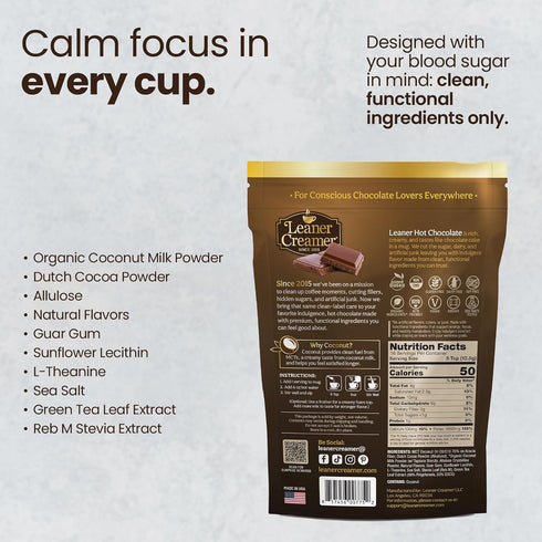 0g Instant Leaner Hot Chocolate Mix | Indulgent, Sugar, Keto & Low Carb | Clean Label, Dairy-Free | Functional Focus