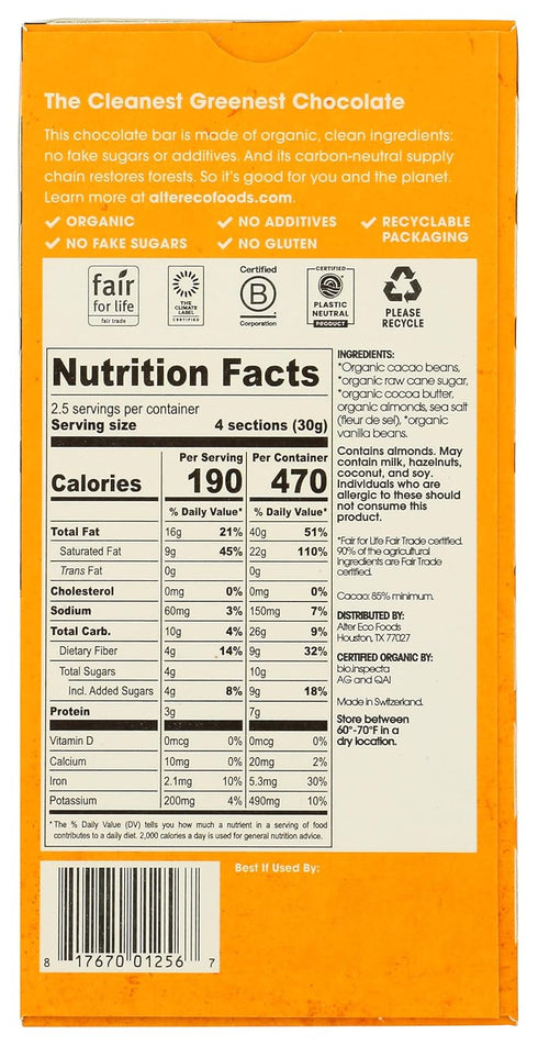 85% 2.65 oz (75 Alter Eco Organic Dark Chocolate Bar, Almond Blackout, Cacao, g)