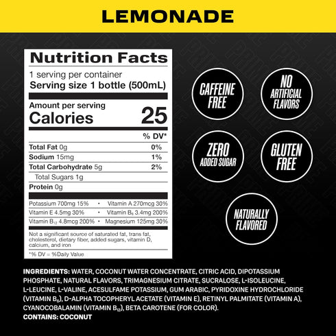 250mg 16.9 Oz, 12 Pack PRIME Hydration LEMONADE, Sports Drinks, Electrolyte Enhanced for Replenishing Fluids, BCAAs, B