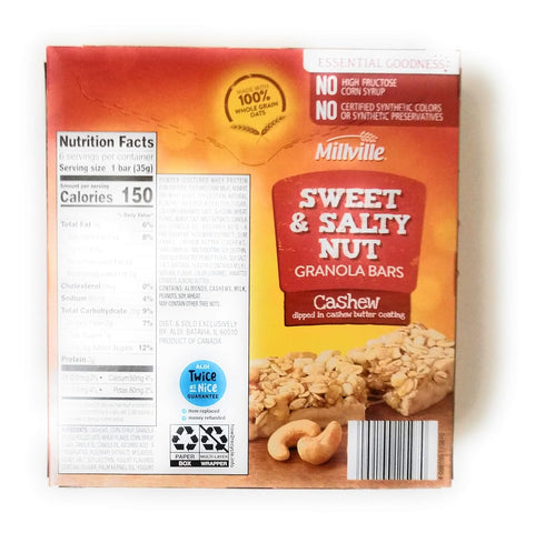 MILLVILLE 100% 7.4 oz (6 1.2 oz) Pack 1 Sweet & Salty Nut Granola Bars | Whole Grain Oats | bars x | of (Cashew)