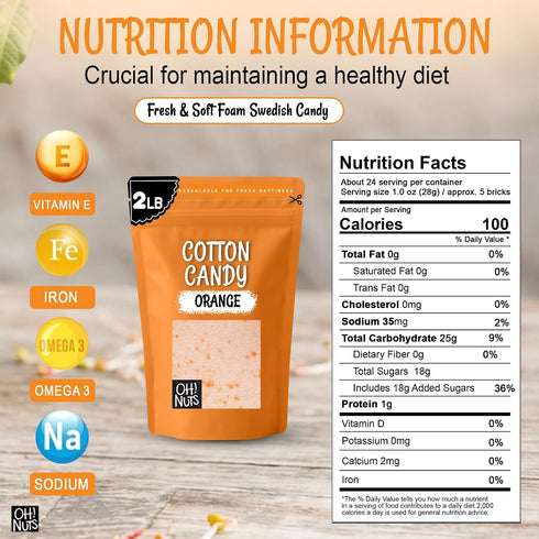2 LB Oh! Nuts Fresh Cotton Candy Sugar Floss - Orange Flavor- Bulk Bag | Party Flavors for Kids, Adult Birthday Treats