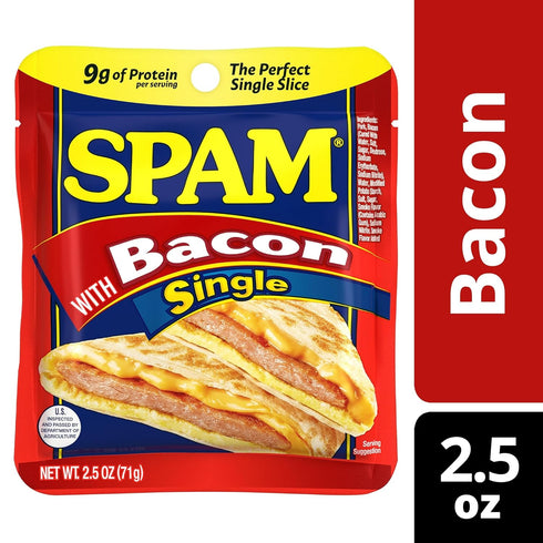 2.5oz (Pack 12) 9g 0g SPAM Single Bacon Individual Pouch of Fully Cooked Pork and Ham, of Protein, Trans Fat, Low Carb