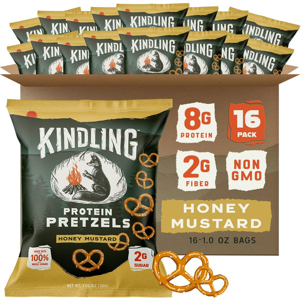 Kindling Protein Pretzels - Honey Mustard | Protein-Packed Snack Size Bags |