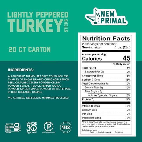 7g 20 New Primal Lightly Peppered Turkey Sticks, Keto, Gluten Free Healthy Snacks, Sugar Free Low Carb High Protein