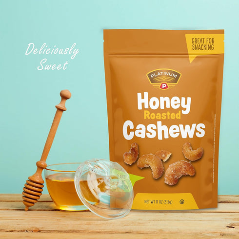 Platinum 11 oz Packs - Honey Roasted Cashews Resealable Pouch | Flavored Cashew Nuts | Sweet Roasted & Tasty Gourmet