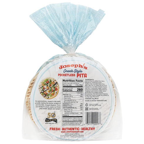 6 Pack (4 Pack, 24 Joseph's Greek Style Pocketless Pita Bread - Kosher and Vegan - Soft and Versatile Sandwich Bread