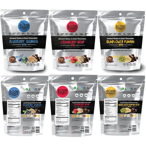 3 Pack, 3 oz, Good Source Snacks Dark Chocolate Bites & Ancient Grains, Sample Variety Cranberry Hemp, Blueberry
