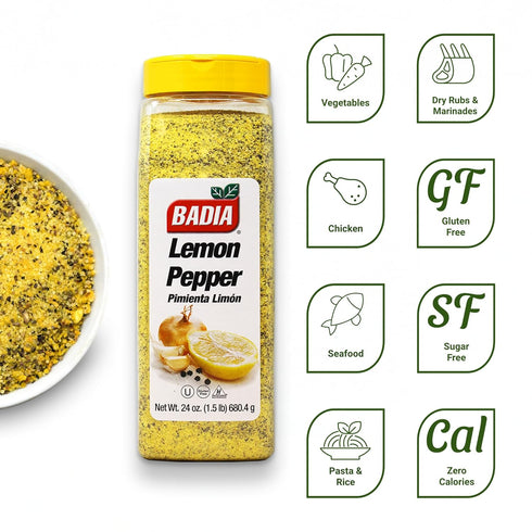 24 oz Badia Lemon Pepper Seasoning, - Pepper, Garlic & Onion, Zesty Citrus Blend for Chicken, Seafood & Vegetables