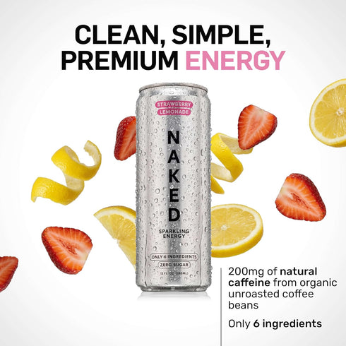 12oz (Pack 12) Naked Sparkling Energy Drink - Strawberry Lemonade, Organic Caffeine, Organic Lemon Juice, Zero Sugar