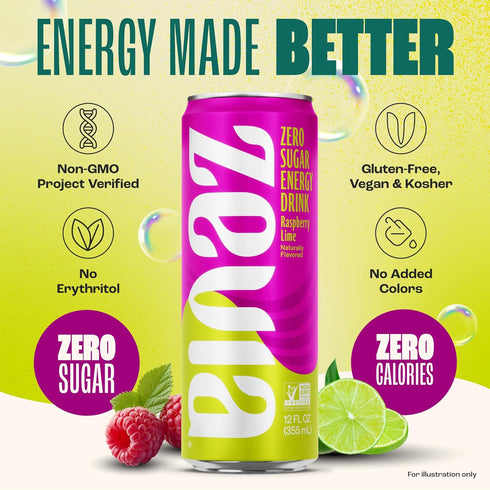 12 oz (12-Pack) Zevia Zero Sugar Energy Drink, Raspberry Lime, Cans Naturally Sweetened, Zero Calorie Sugar Free Energy