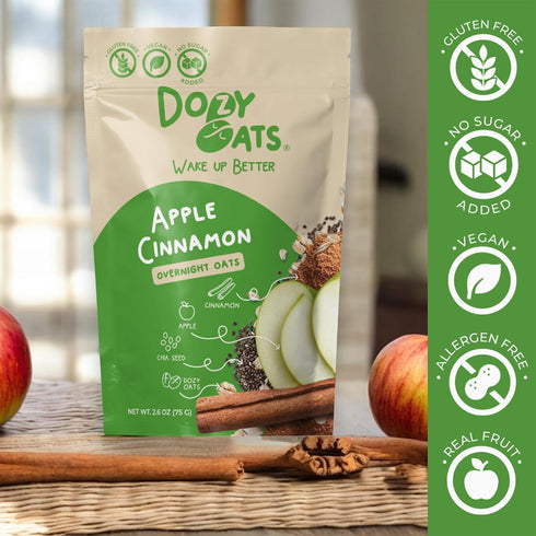 Dozy Packets, Multipack 12-Pack Oats Overnight Oatmeal Apple Cinnamon with Rolled Oats, Chia Seeds, Date Powder