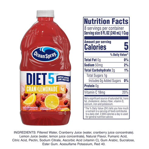 64 Oz Ocean Spray Diet Cran-Lemonade Cranberry Lemonade Juice Drink, Fl Bottle