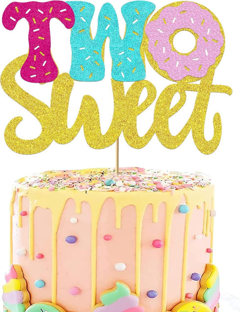 VIVIFORKY Donut Sweet Two Cake Topper Glitter Theme Sencond Happy Birthday Decorations for