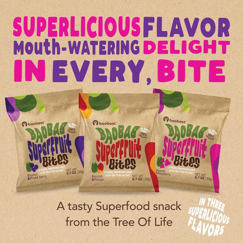 Pack 30 Baobest Superfruit Bites - Baobab Fruit Snack Variety - Berry, Mango, and Raspberry - Vegan, Gluten Free, High