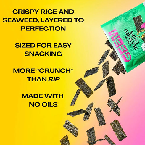 4-Pack GEEM Seaweed Snacks Korean Seaweed Chips with Rice Crisps & Sesame | Crunchy, Oil-Free Snack | Vegan, Non-GMO |