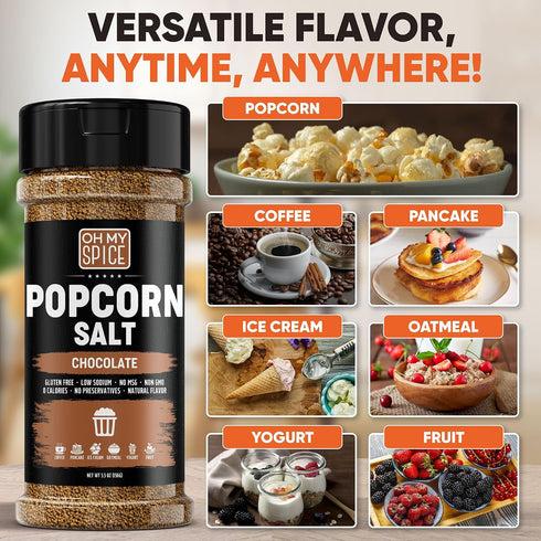 5.5oz Popcorn Salt Chocolate Powder Mix - Gluten Free & Low Sodium Cocoa Powder Popcorn Salt Seasoning. Movie Night Pop