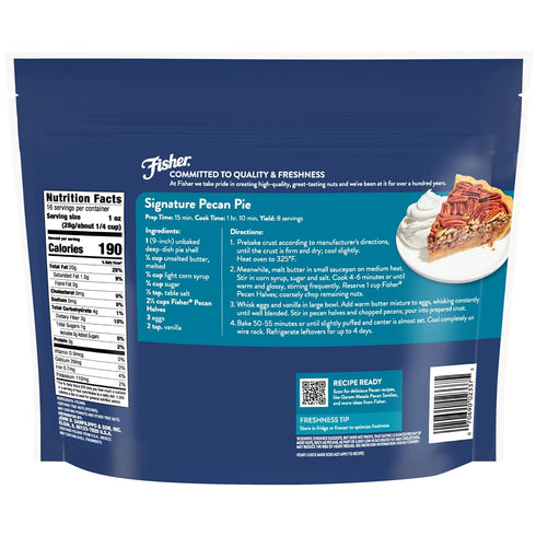 1 Lb Fisher Chef's Naturals Pecan Halves Resealable Bag, Unsalted Raw Nuts for Cooking, Baking & Snacking, Vegan
