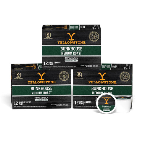 Yellowstone Bunkhouse Medium Roast Coffee, Single Serve Recyclable Pods/Cups, 100% Arabica Beans,