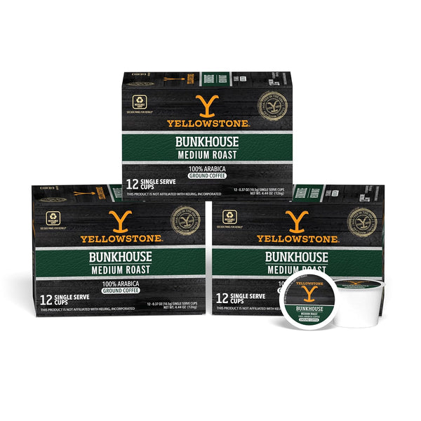 Yellowstone Bunkhouse Medium Roast Coffee, Single Serve Recyclable Pods/Cups, 100% Arabica Beans,