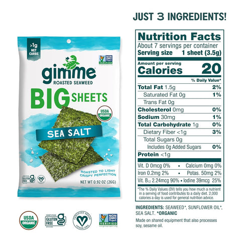 Gimme Omega3s 0.92oz (Pack 10) Seaweed Organic Premium Roasted Seaweed Big Sheets, Sea Salt, Keto, Vegan, Gluten-Free