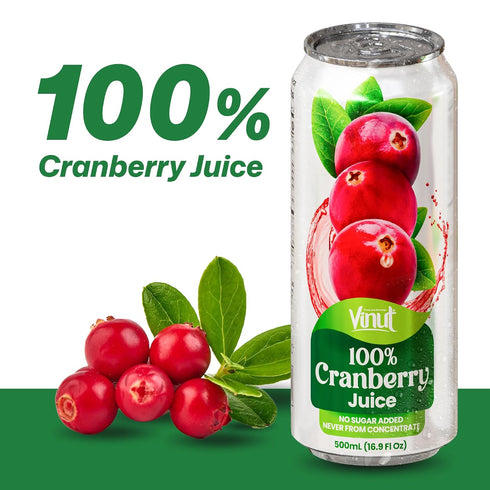 100% 16.9 oz (500 mL) Pack 12 VINUT Cranberry Juice, No Added Sugar, Not From Concentrate, fl Can