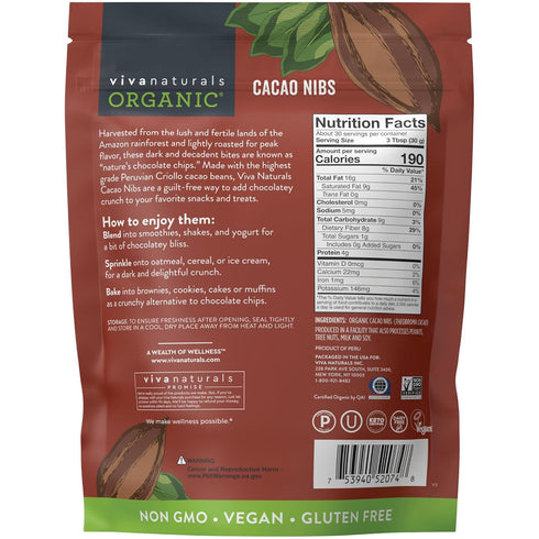 2 LB (907 Viva Naturals Organic Cacao Nibs, Unsweetened, g), Keto Friendly, Vegan, Non-GMO, Gluten-Free Chocolate Chip