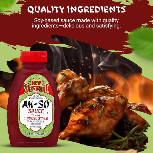 15 oz Ah-So Chinese-Style BBQ Sauce, Red Rib Squeeze Bottle Sweet & Tangy Spare Rib Marinade and Glaze for Pork