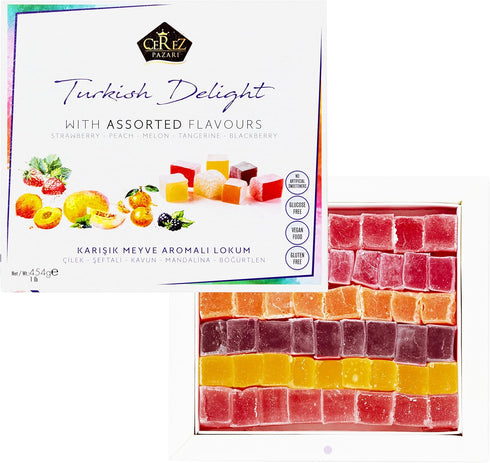 42 16 oz. (Pack 2) Cerez Pazari Turkish Delight Candy With Assorted Flavors, Gourmet Medium Size Snacks Gift Box, Sweet
