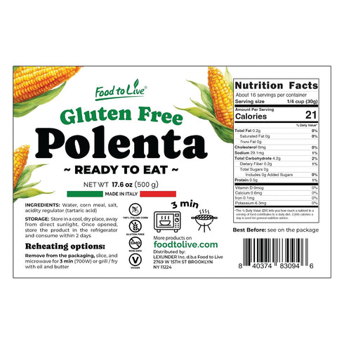 17.6oz (500g) (Pack 8) Food To Live Gluten-Free Polenta Ready To Eat, Traditional Italian Pre-cooked Yellow Cornmeal